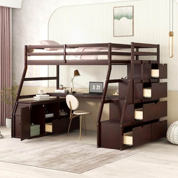 Loft Bed with Storage Stairs, Espresso Finish, Built-in Desk