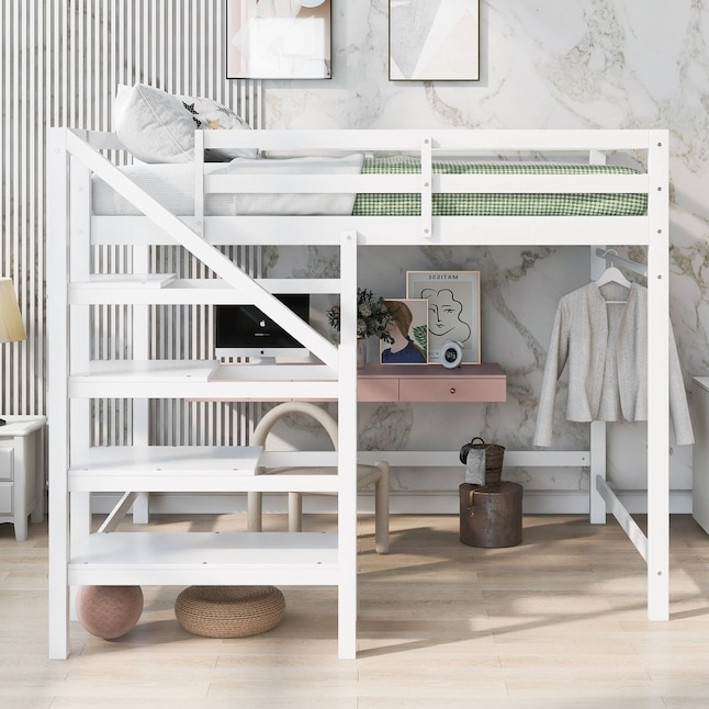 Loft Bed with Storage Stairs Integrated Desk and Hanging Rod White