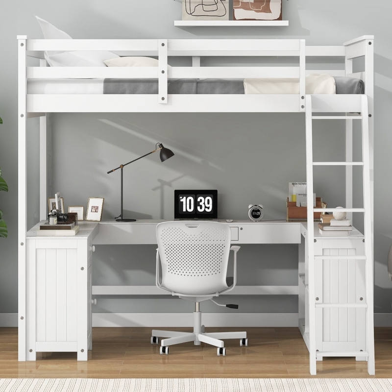Loft Bed with U-Shaped Workstation and Built-In Storage Drawers