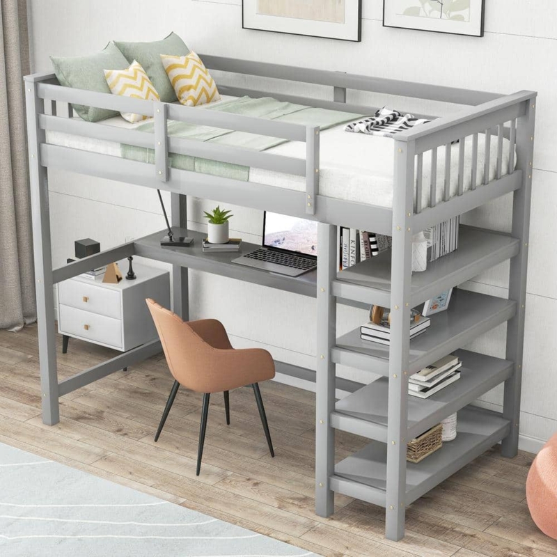 Loft Bed with Under-Bed Desk & Integrated Shelving, Gray Wood | Functional
