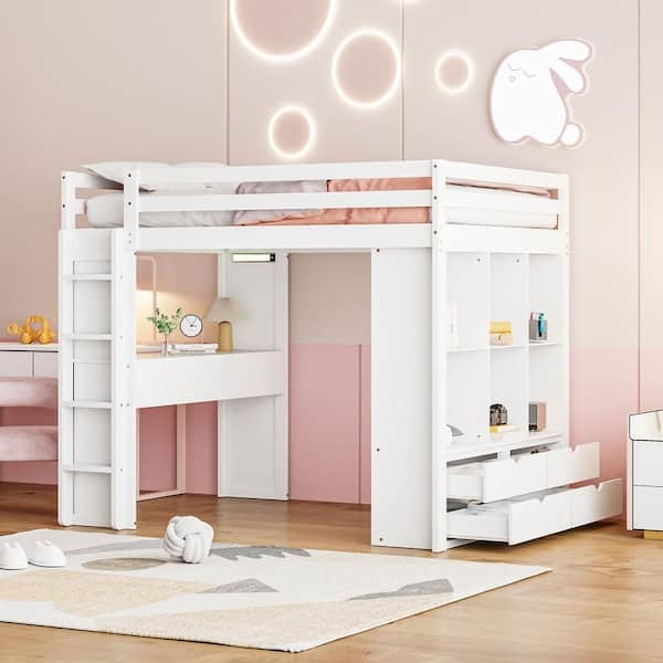 Loft Bed Workstation with Six-Drawer Chest and Integrated Shelving.