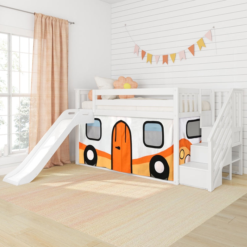 Low Bunk Bed with Integrated Slide, Camper Van Themed Curtain
