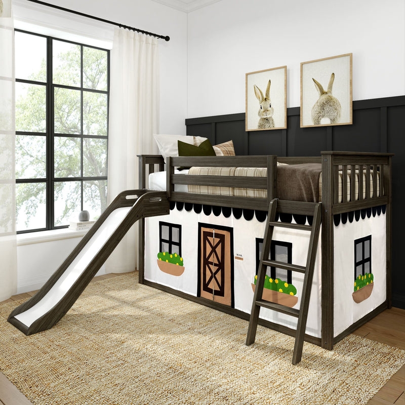 Low Bunk Bed with Slide & Striped Privacy Curtains, White