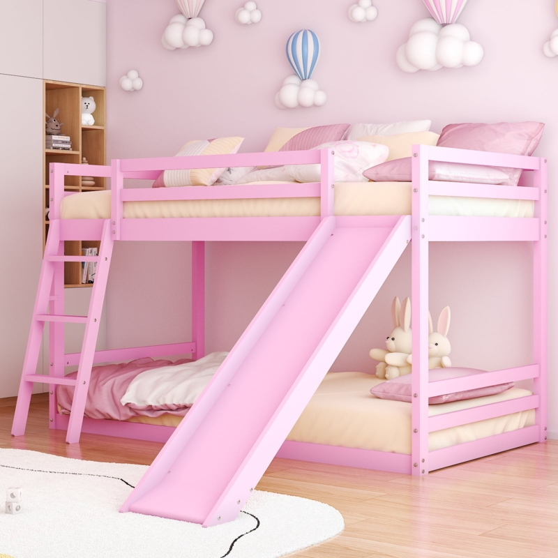 Low Floor Bunk Bed with Slide, Safety Rails & Slats