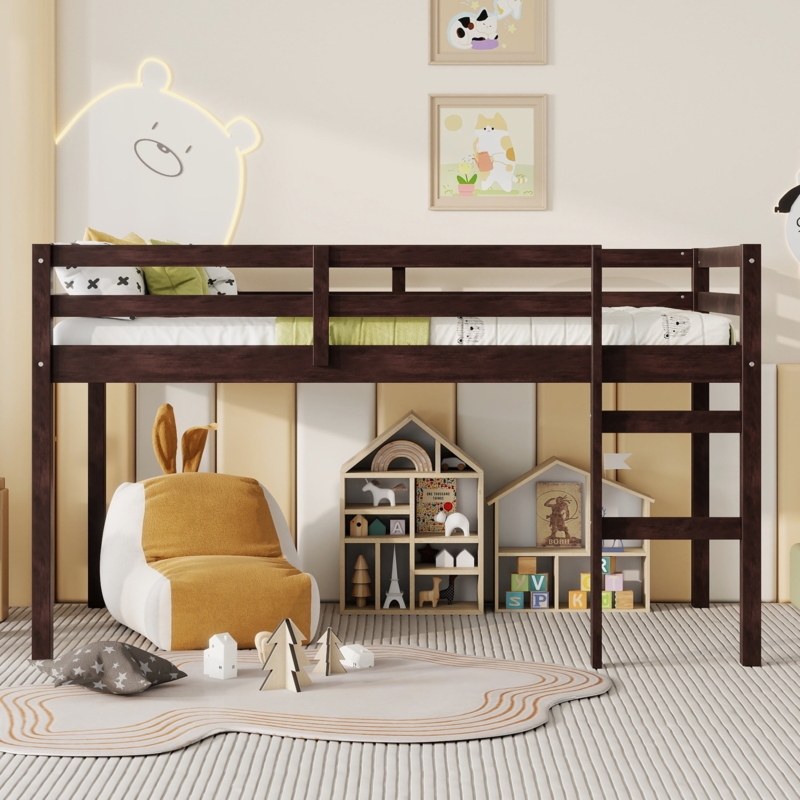 Low Loft Bed for Kids with Ladder in Dark Espresso Finish