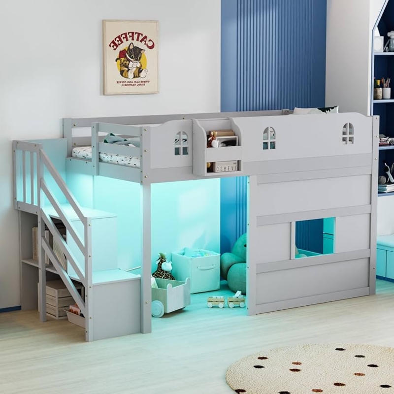Low Loft Bed Gray Castle Guardrail with Storage Stairs and LED Lights