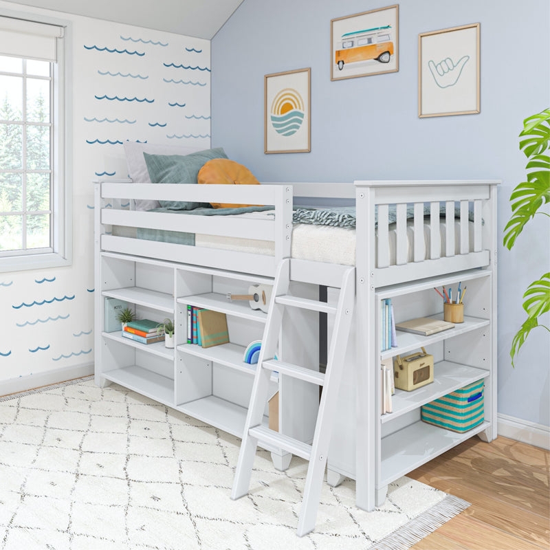 Low Loft Bed Natural Wood Finish with Integrated Bookcases