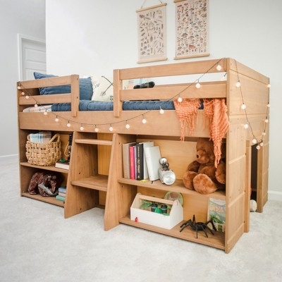 Low Loft Bed Pecan Finish with Underbed Storage Bookcases