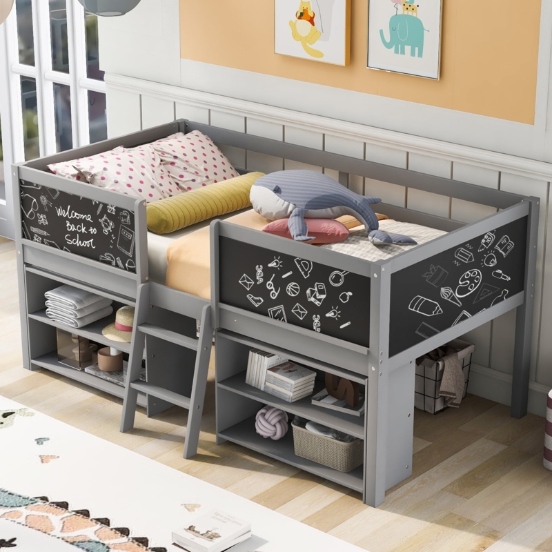 Low Loft Bed with Chalkboard Guardrail and Movable Shelves, White
