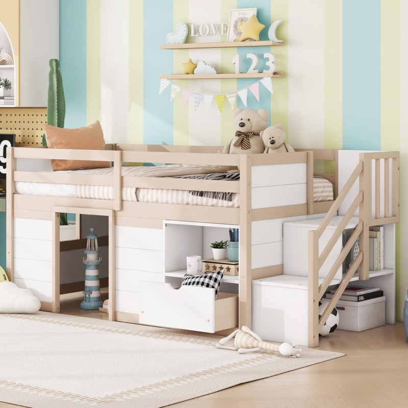 Low Loft Bed with Desk and Shelving, Modern Farmhouse Style