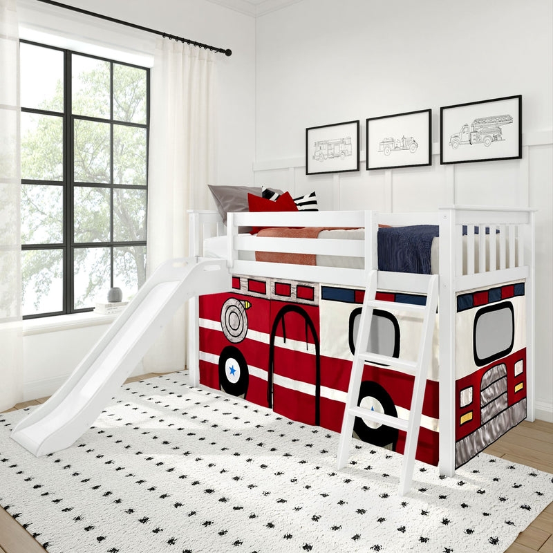 Low Loft Bed with Firetruck Curtain, Slide & White Painted Finish