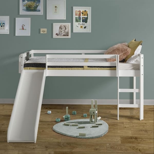 Low Loft Bed with Integrated Chalkboard, Slide, and Climbing Ladder