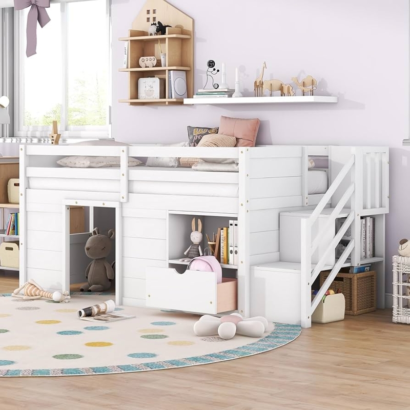 Low Loft Bed with Integrated Desk and Open Shelving Cubbies White