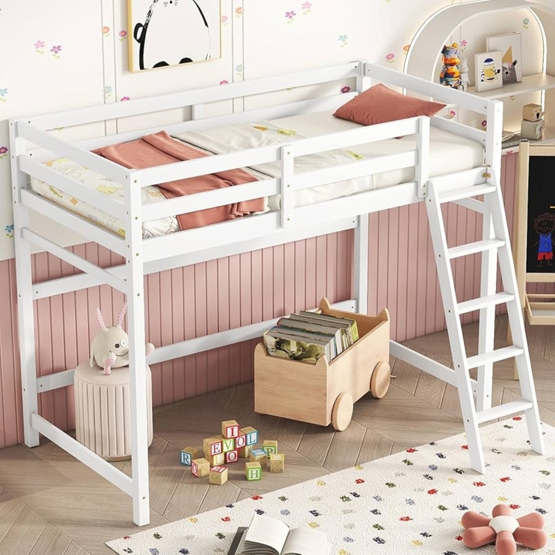Low Loft Bed with Integrated Ladder, Minimalist White Finish