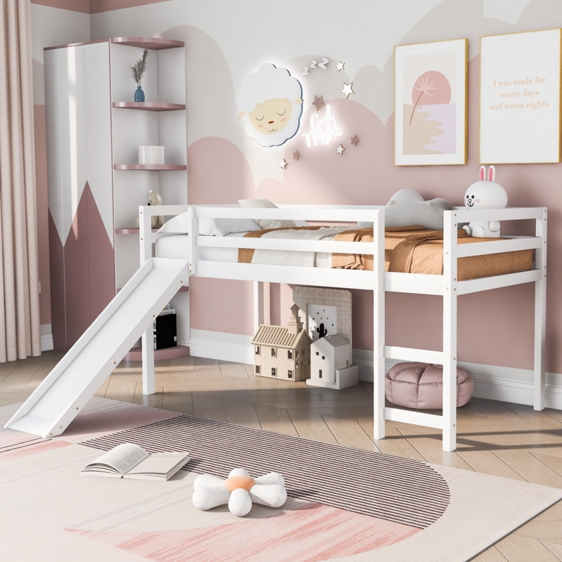 Low Loft Bed with Integrated Slide, Modern Low Profile Design