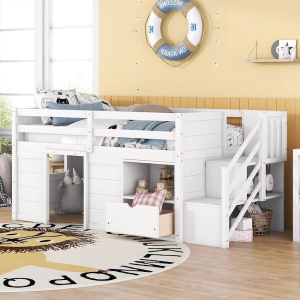 Low Loft Bed with Staircase Drawers and Open Shelving, White