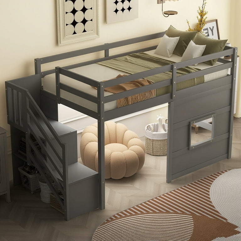 Low Loft Bed with Storage Stairs in Matte Gray Finish