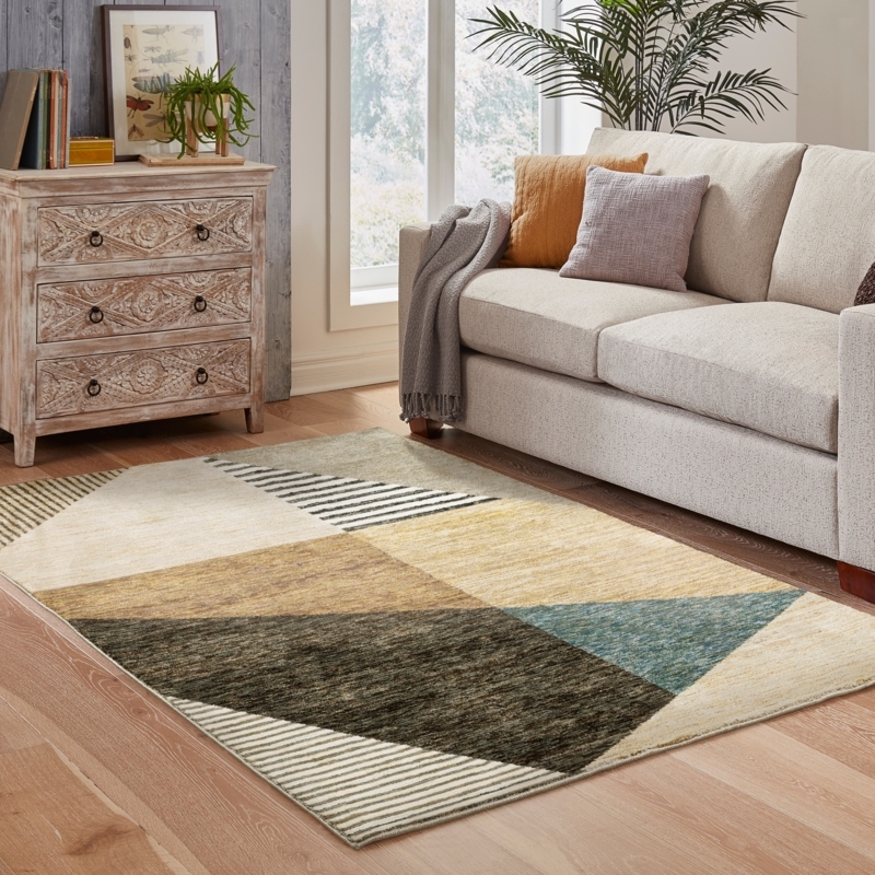 Low-Pile Area Rug Mustard Yellow Geometric Arch Pattern Art Deco