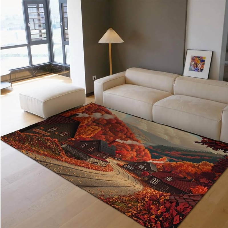 Low Pile Washable Landscape Rug with Fairy Tale Forest Illustration