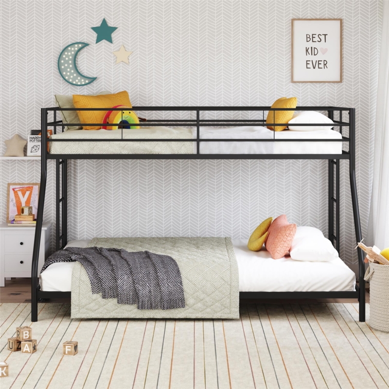 Low Profile Bunk Bed Black Metal Twin Over Full, Space Saving Design