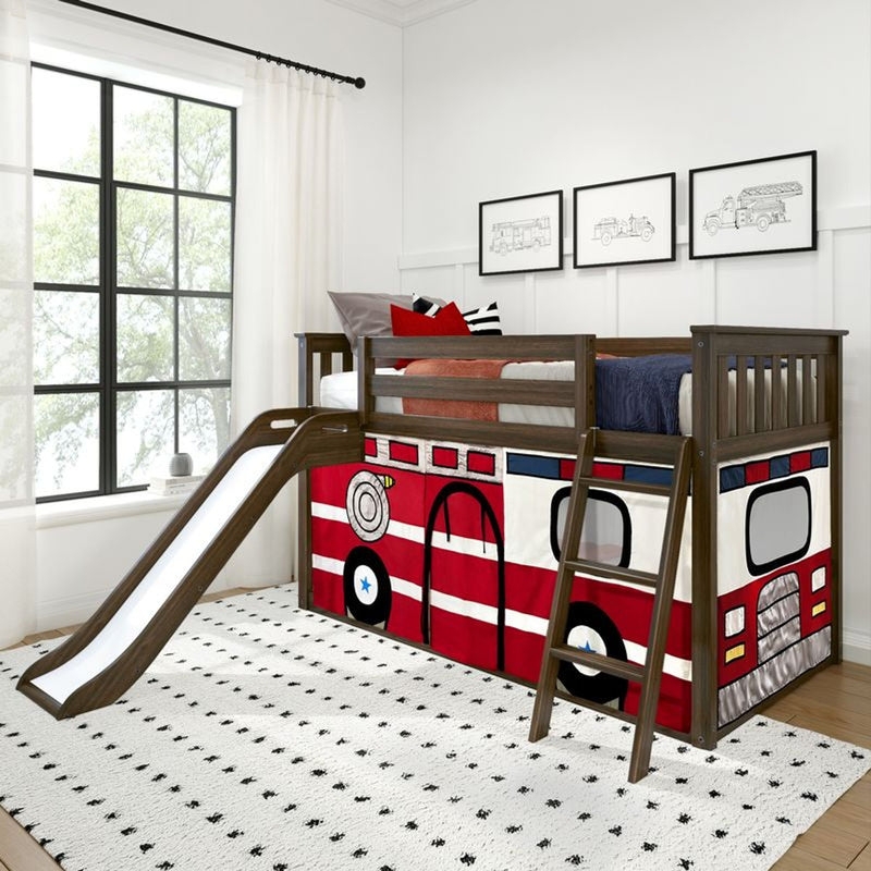 Low Profile Bunk Bed With Slide And Firetruck Curtain