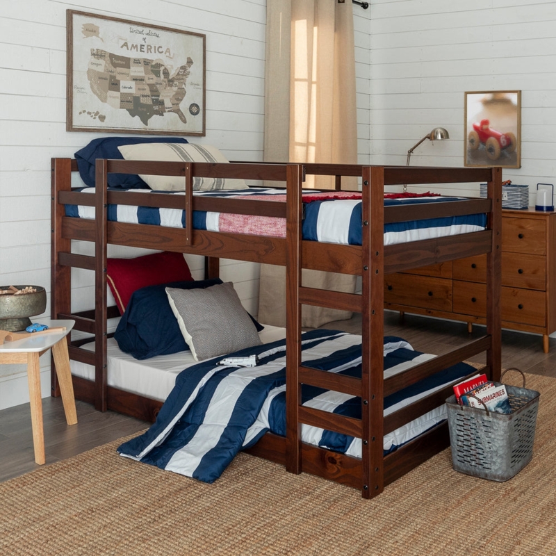 Low Profile Walnut Wood Bunk Bed Integrated Ladder Space Saving