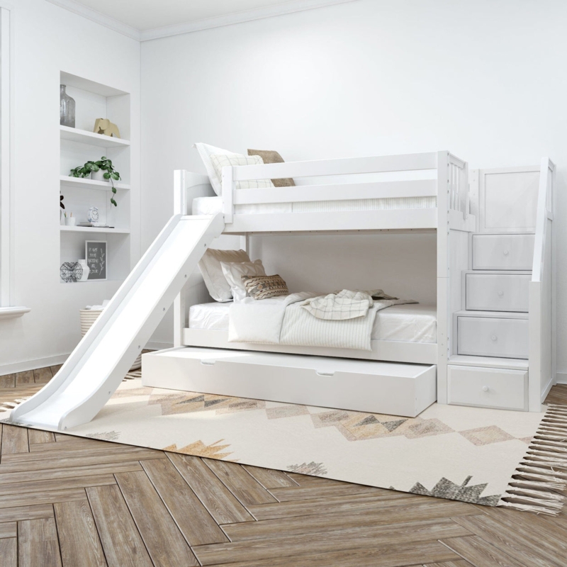 Low Profile White Bunk Bed with Slide, Stairs, and Trundle