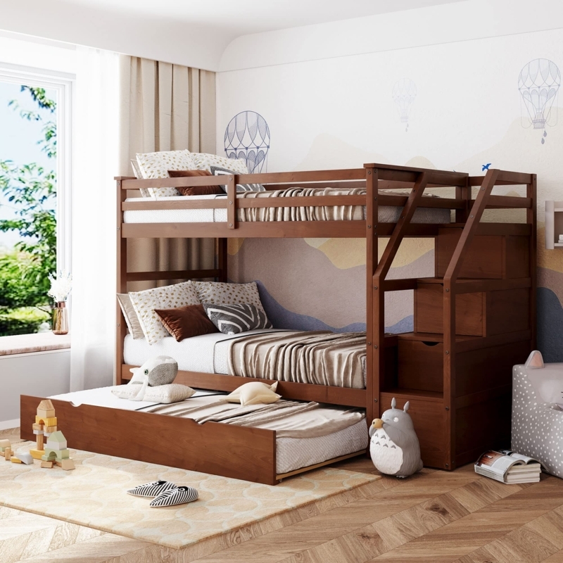Low Walnut Bunk Bed with Trundle Storage Stairs