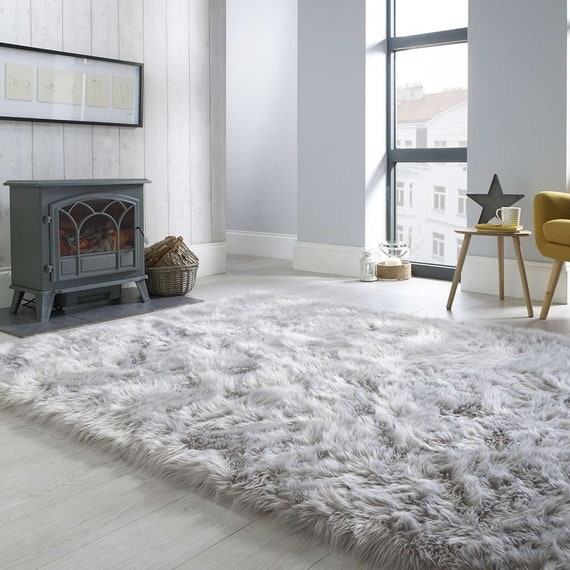 Luxurious Fur Rug, High Pile Silver Texture. Shag Style.