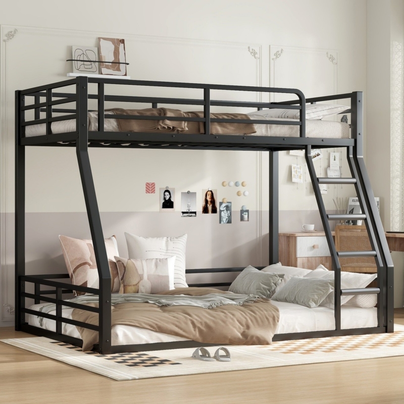 Matte Black Bunk Bed Twin Over Full, Heavy Duty Slat System Kids Frame