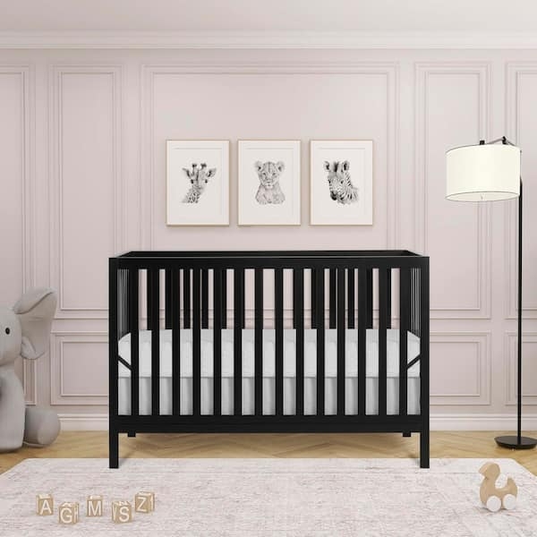 Matte Black Crib, Vertical Slats, Contemporary Nursery Room Layout