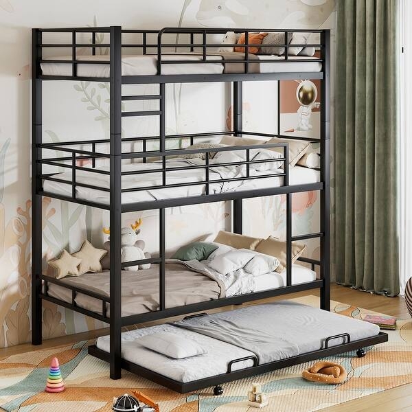 Matte Black Metal Triple Bunk Bed with Trundle