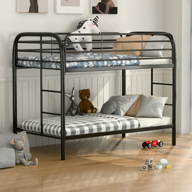 Matte Black Metal Twin Bunk Bed with Dual Side Ladders