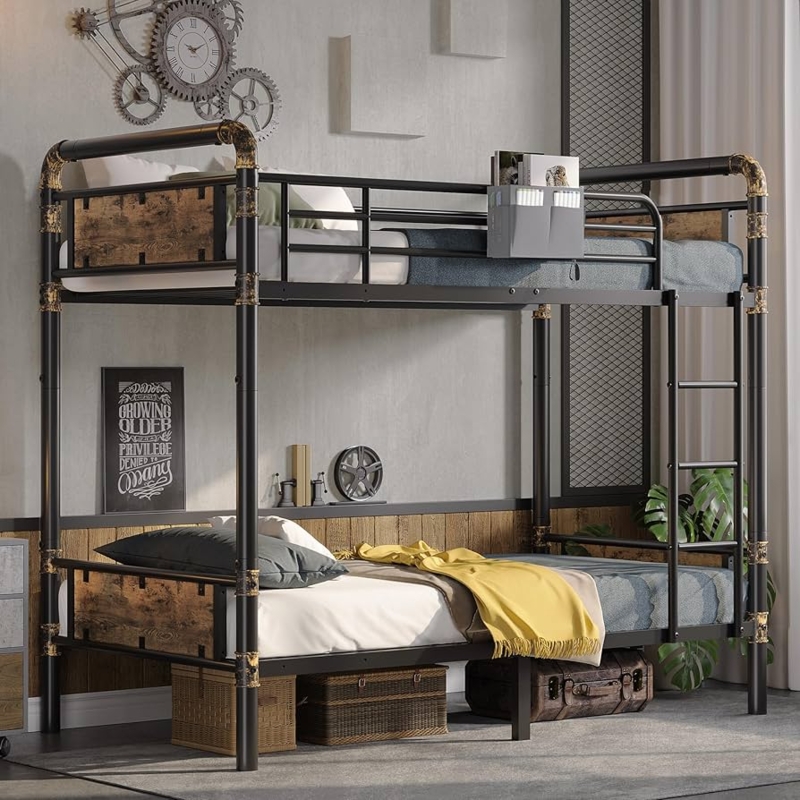 Matte Black Metal Twin Bunk Bed with Integrated Ladder