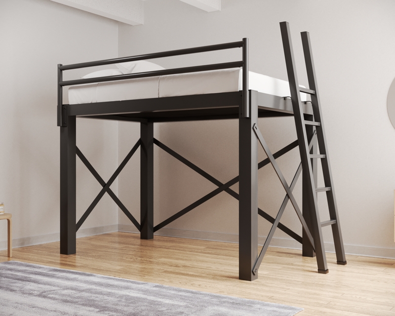 Matte Charcoal Metal Loft Bed with Slanted Ladder