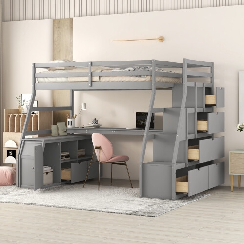 Matte Grey Loft Bed with Integrated Desk and Storage