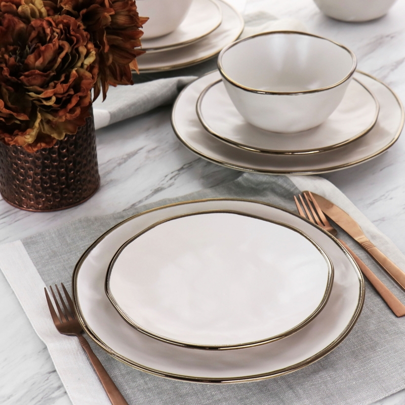 Matte White Dinnerware Set Ceramic With Gold Rim Detail