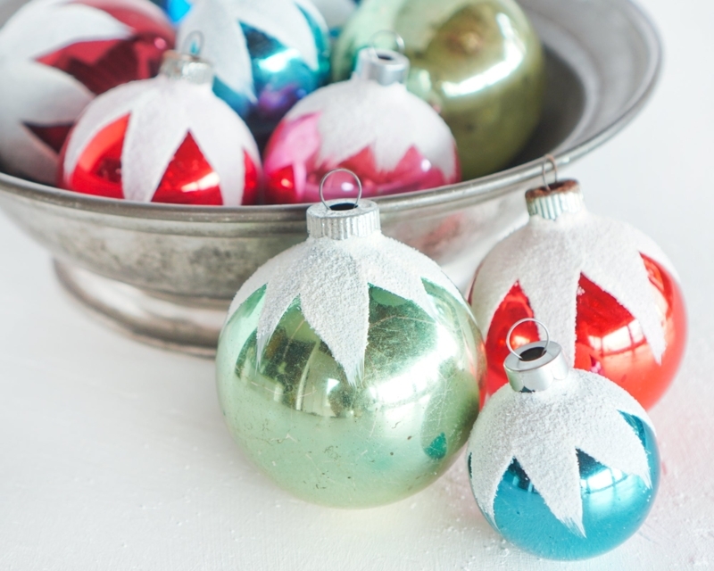 Mercury Glass Christmas Ornaments with Textured White Snow Caps and Glitter