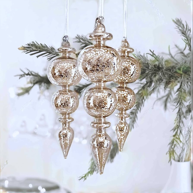 Mercury Glass Finial Ornaments, Set of 3 Silvered Christmas Tree Decor
