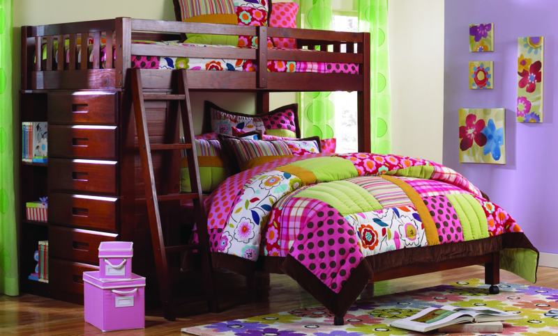 Merlot Twin Over Full L-Shaped Loft Bed with Integrated Dresser
