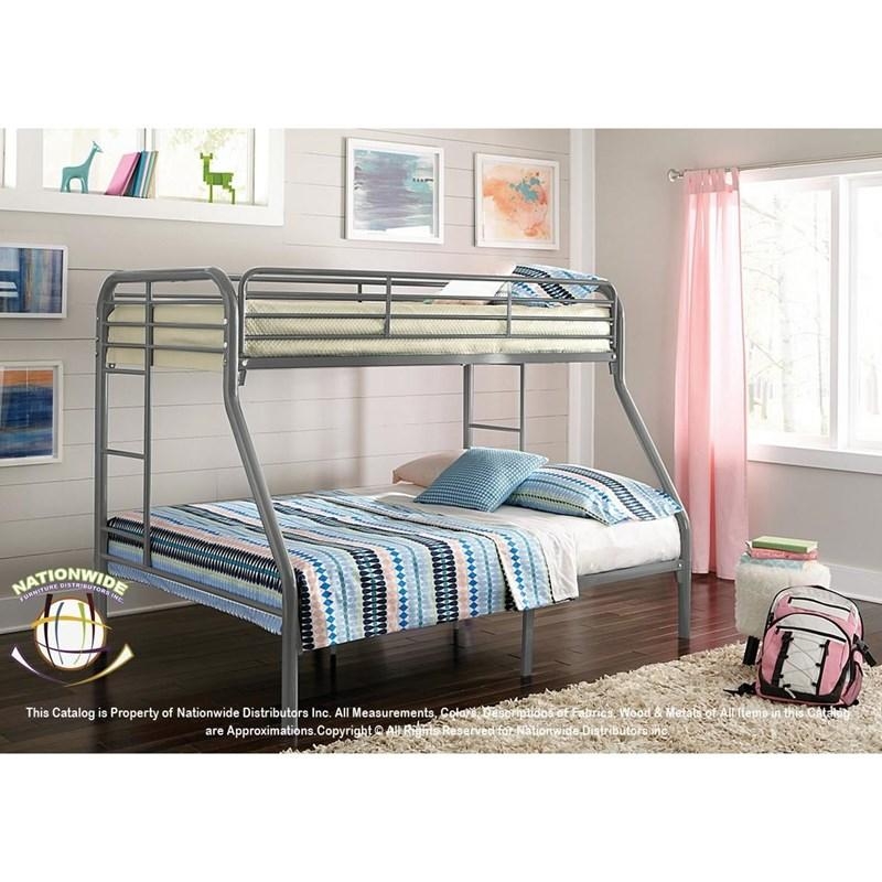 Metal Bunk Bed Grey Twin Over Full, Integrated Ladder Slat Support