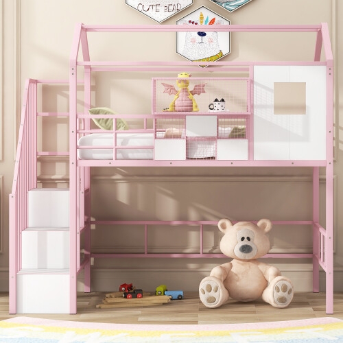 Metal House Bunk Bed with Built-In Slide, White Finish