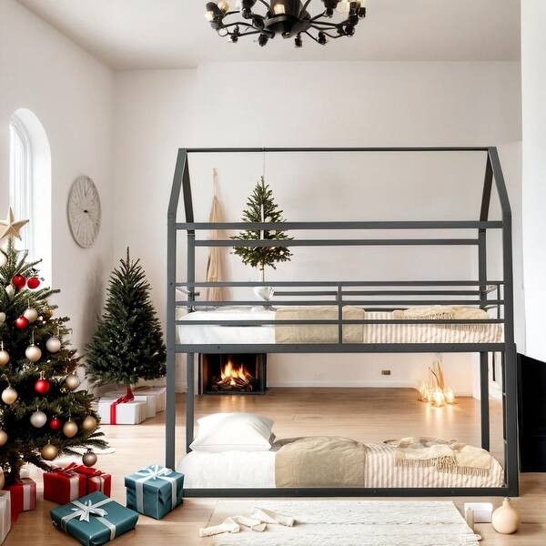 Metal House Bunk Bed with Floor-Level Bottom Bunk