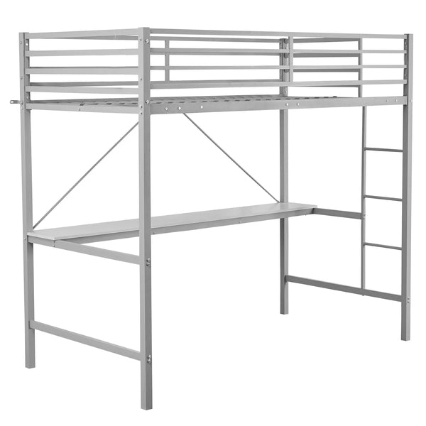Metal Loft Bed Frame with Desk and Dual Ladders