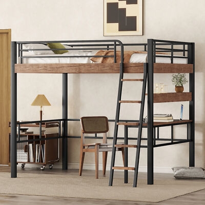 Metal Loft Bed Full Size Black Matte Grid Storage Shelf Desk