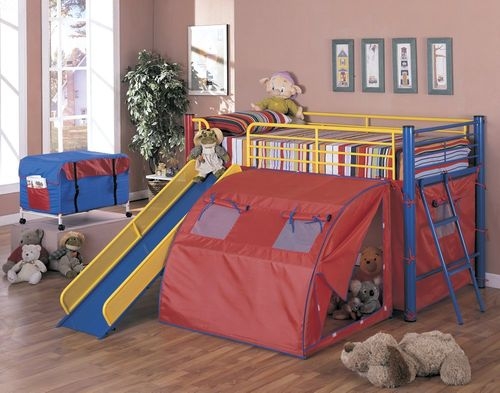 Metal Loft Bed with Slide, Integrated Ladder & Multicolor Tent