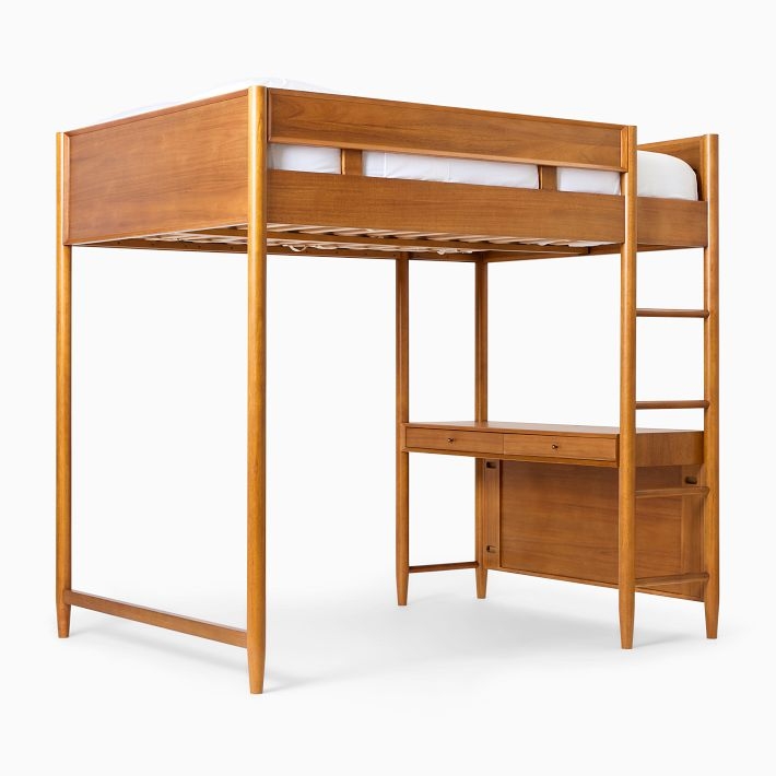 Mid-Century Loft Bed with Desk, Shelving, and Tapered Legs