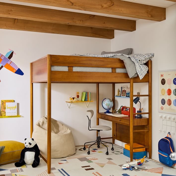 Mid-Century Modern Loft Bed with Acorn Finish, Built-in Desk for Small Spaces.