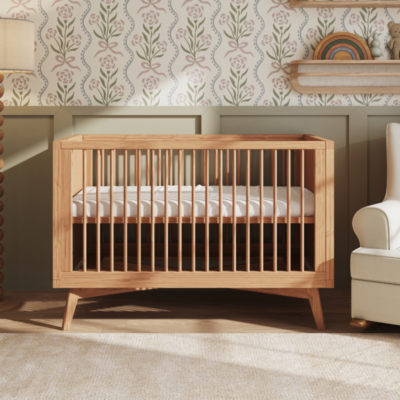 Mid-Century Modern Nursery Crib in Warm Hazelnut Finish