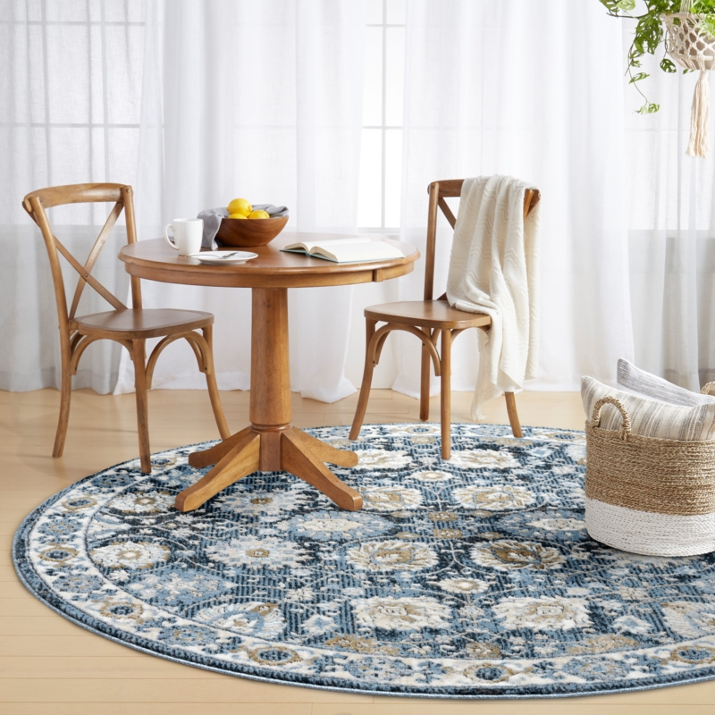 Mid-Century Modern Round Area Rug, Navy Botanical
